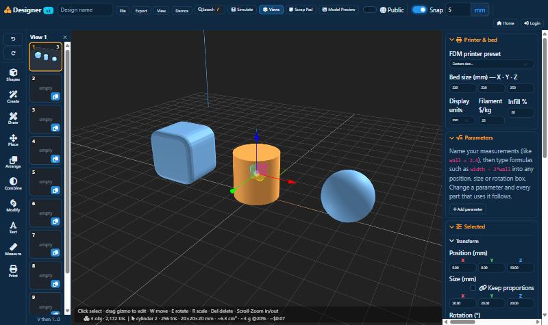 The 3D Designer with three shapes on the bed