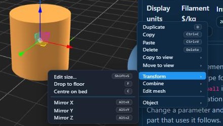 The right-click menu with the Transform group open