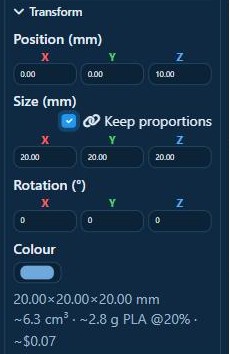 Position, size, rotation and colour boxes