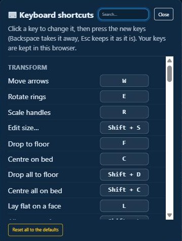 The keyboard shortcuts window