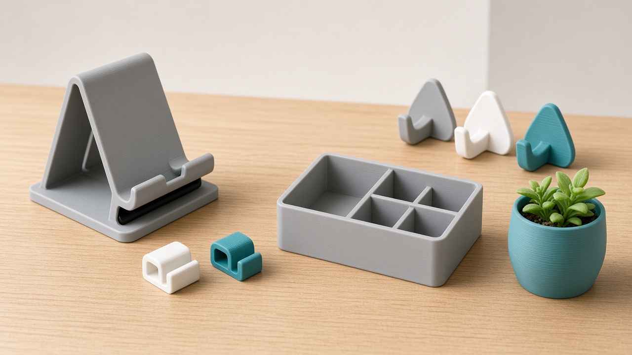 Functional 3D prints: tablet stand, cable clips, organiser, hooks