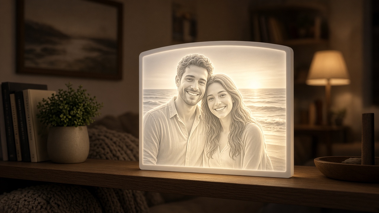 Glowing lithophane night light of a couple at the beach