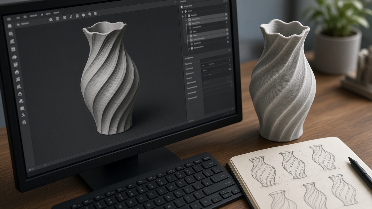 Original vase designed in CAD next to its 3D print