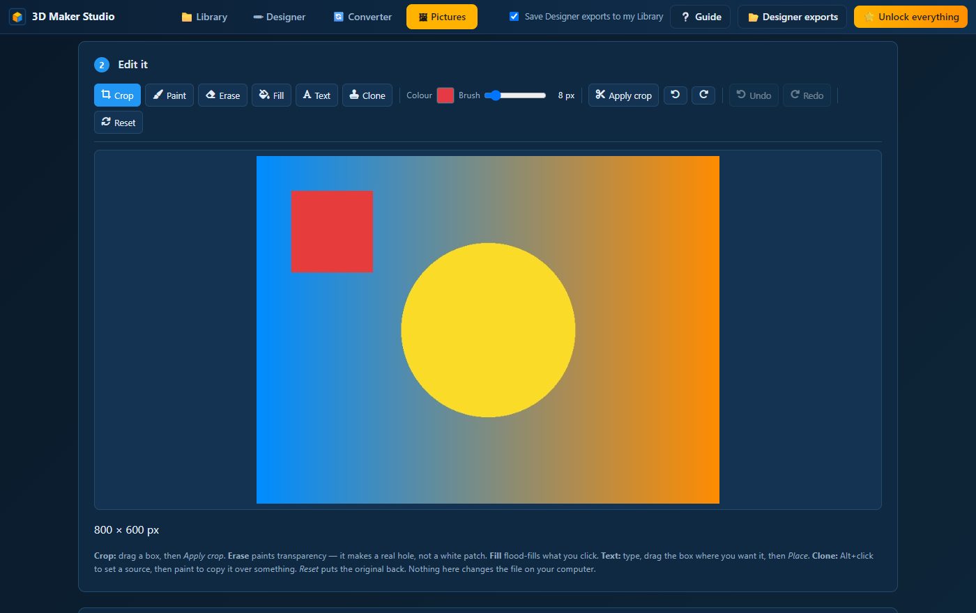 The Pictures tab with a picture open in the editor