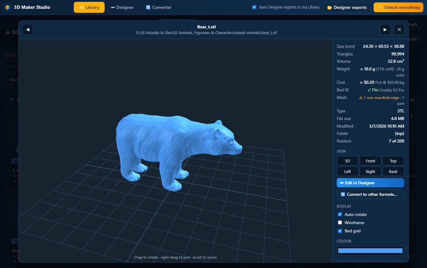 A model open in the Library preview