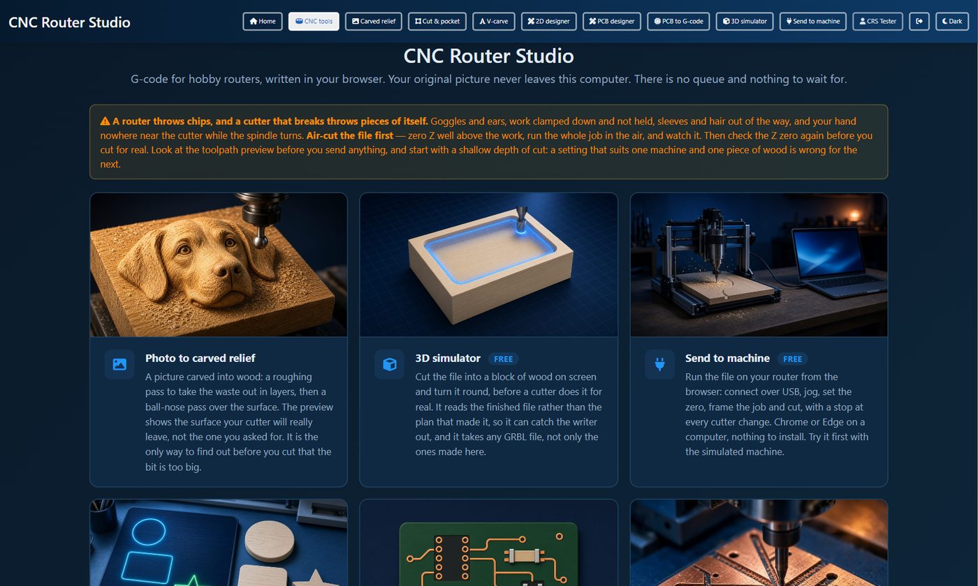 The CNC Router Studio front page with a card for each tool