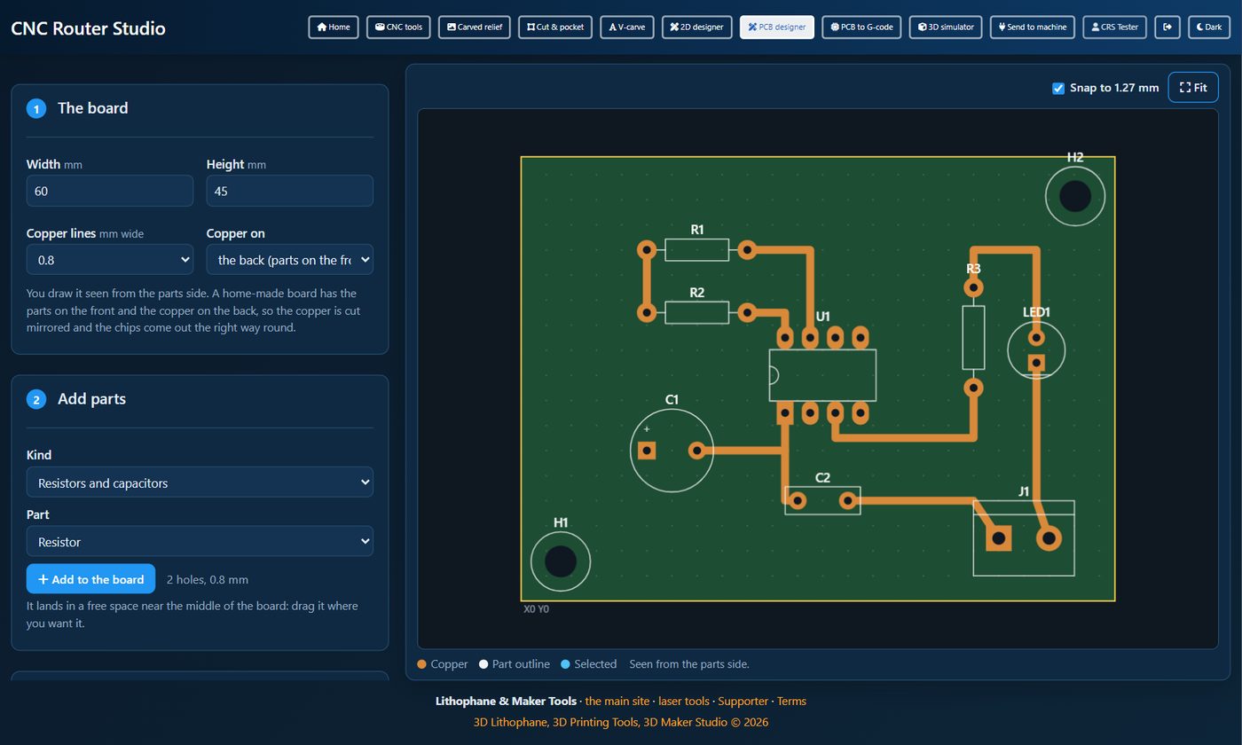 A 555 LED blinker board in the PCB designer