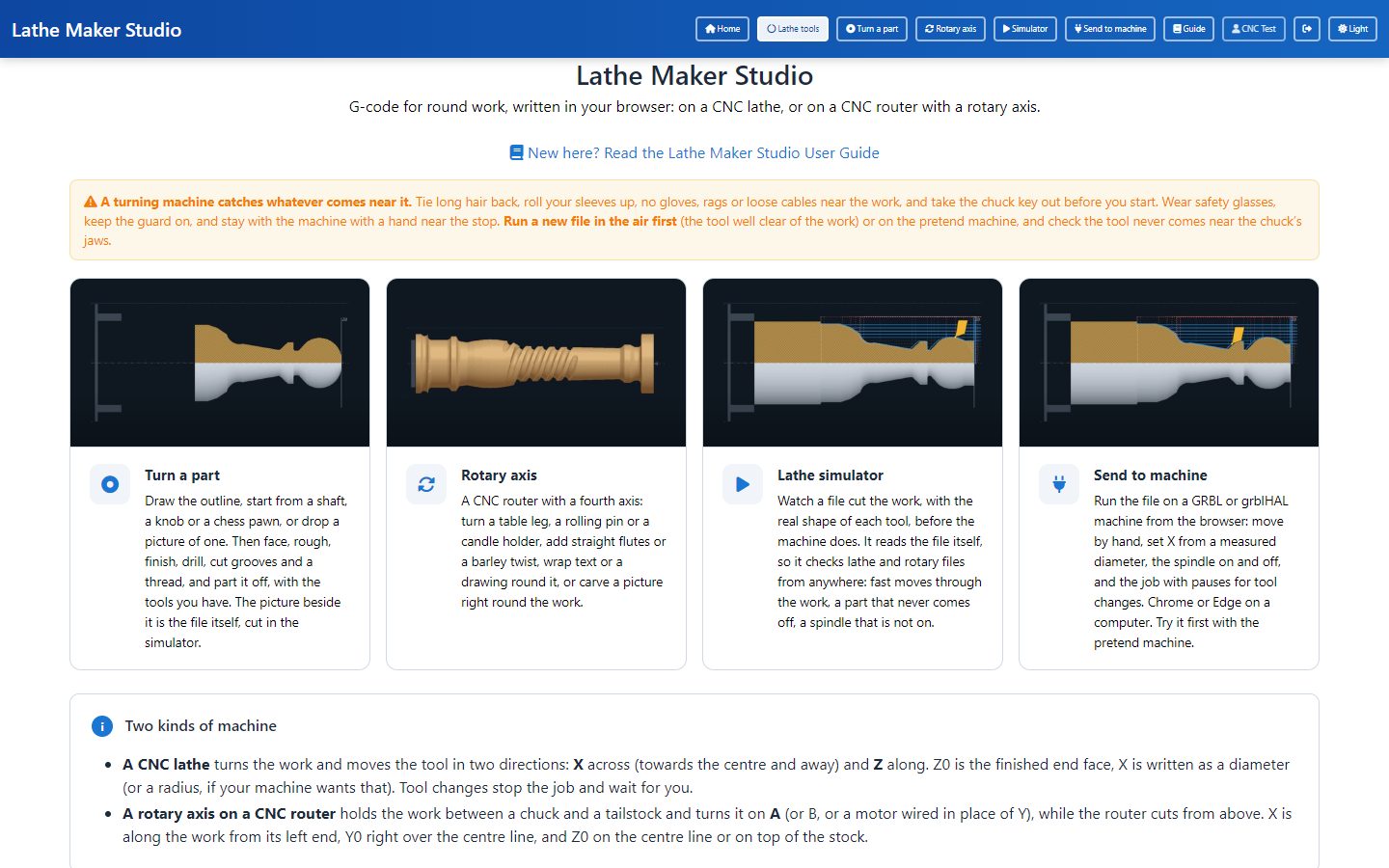 The Lathe Maker Studio front page with a card for each tool